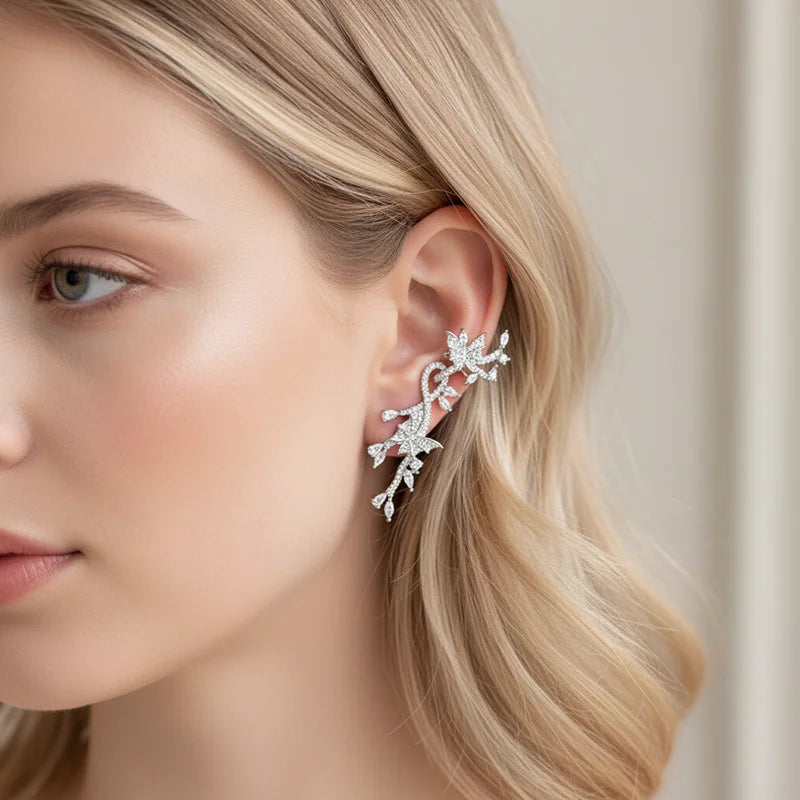 Luxury Sparkling Crystal Ear Cuffs for Women Cubic Zirconia Butterfly Flower Leaf Ear Clip Earrings Wedding Party Jewelry Gift